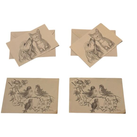 Ann Adams Lot 4 Dog Cat & Birds Art Cards 2 Postcards 2 Notecards w/ Envelopes - Picture 1 of 8